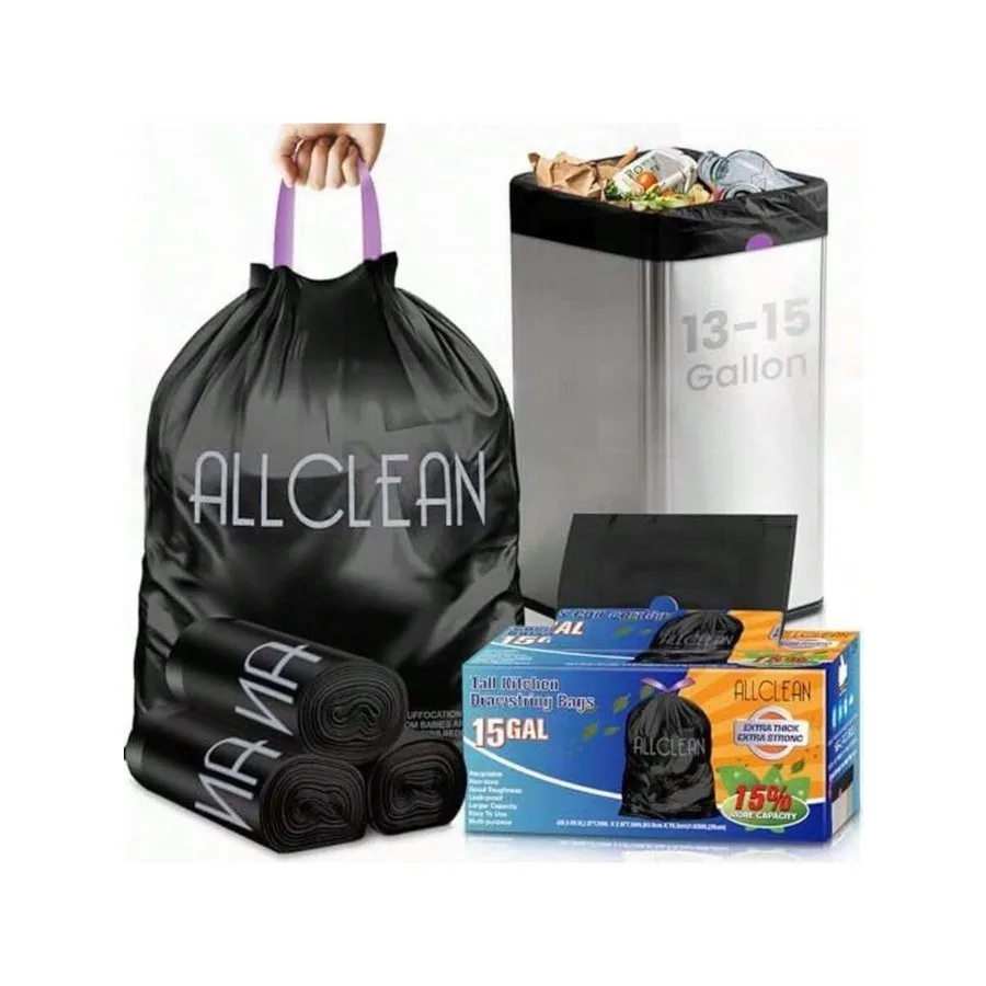 

15 Gallon Tall Kitchen Drawstring Trash Bags, Fit 13-15 Gal Bins, Extra Strong and Leak-Proof, Unscented and For Home Office In