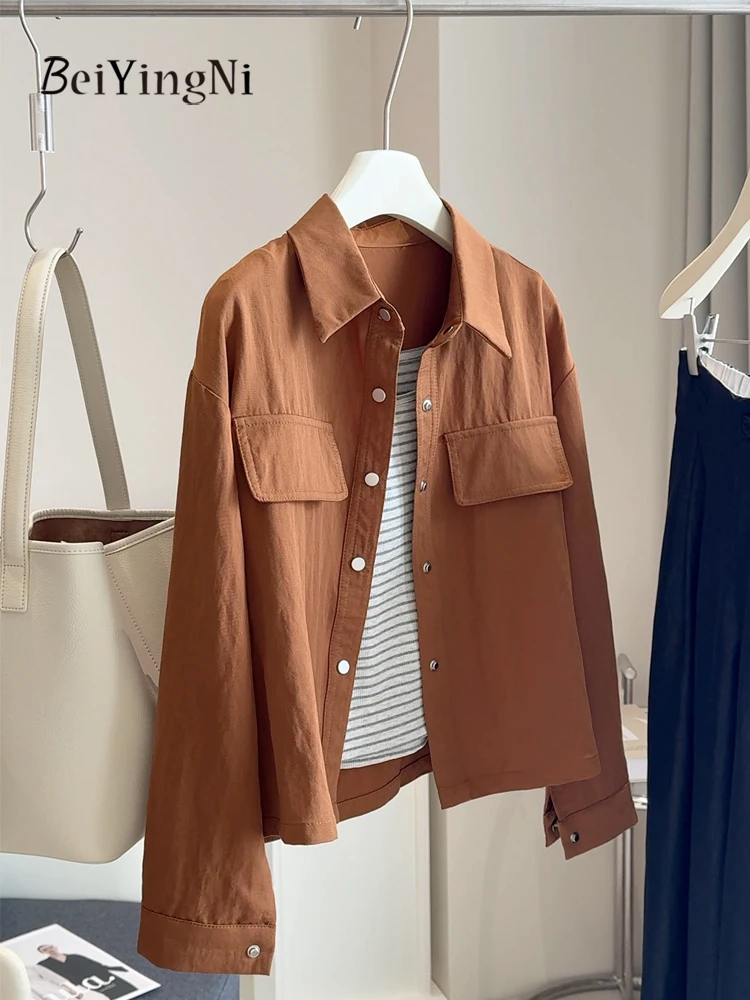 

Beiyingni Korean Cargo Short Jackets Female 2025 Spring Fall Blue Casual BF Buttons Women's Coats Loose Streetwear Vintage Tops