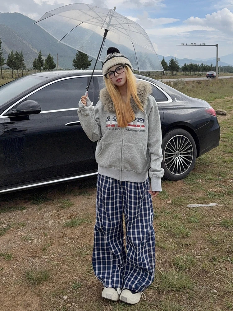 

Американские винтажные синие брюки в клетку свободного кроя с широкими штанинами для мужчин и женщин, осенние повседневные драпированные брюки, прямые брюки в стиле Lazy Sle