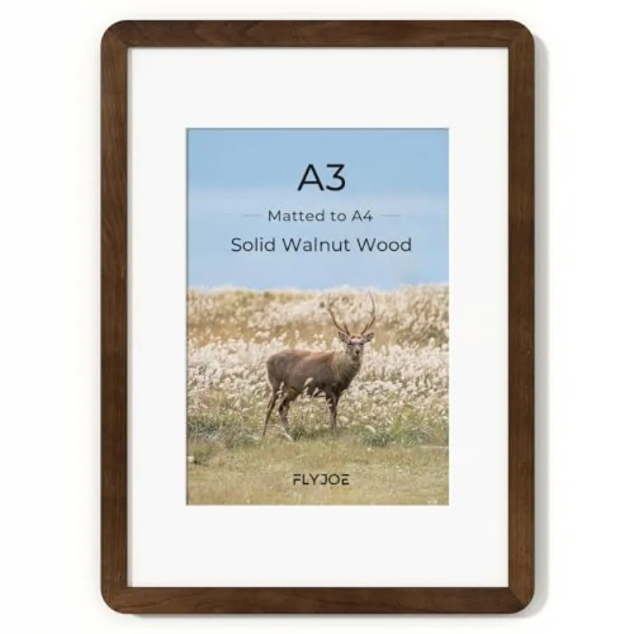 

A3 Picture Frame, Natural Solid Walnut Wood Photo Frame with HD Tempered Glass, A3 Photo Frames Matted to A4, Rounded Corner Wo