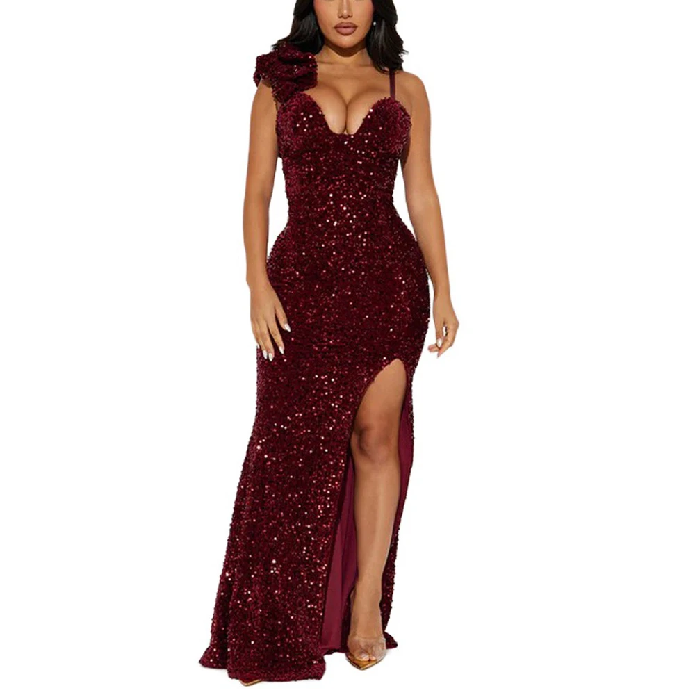 

Sexy Sequined Dresses for Women One Shoulder Sleeveless Backless Side Split Floor Length Elegant Birthday Party Dinner Vestidos