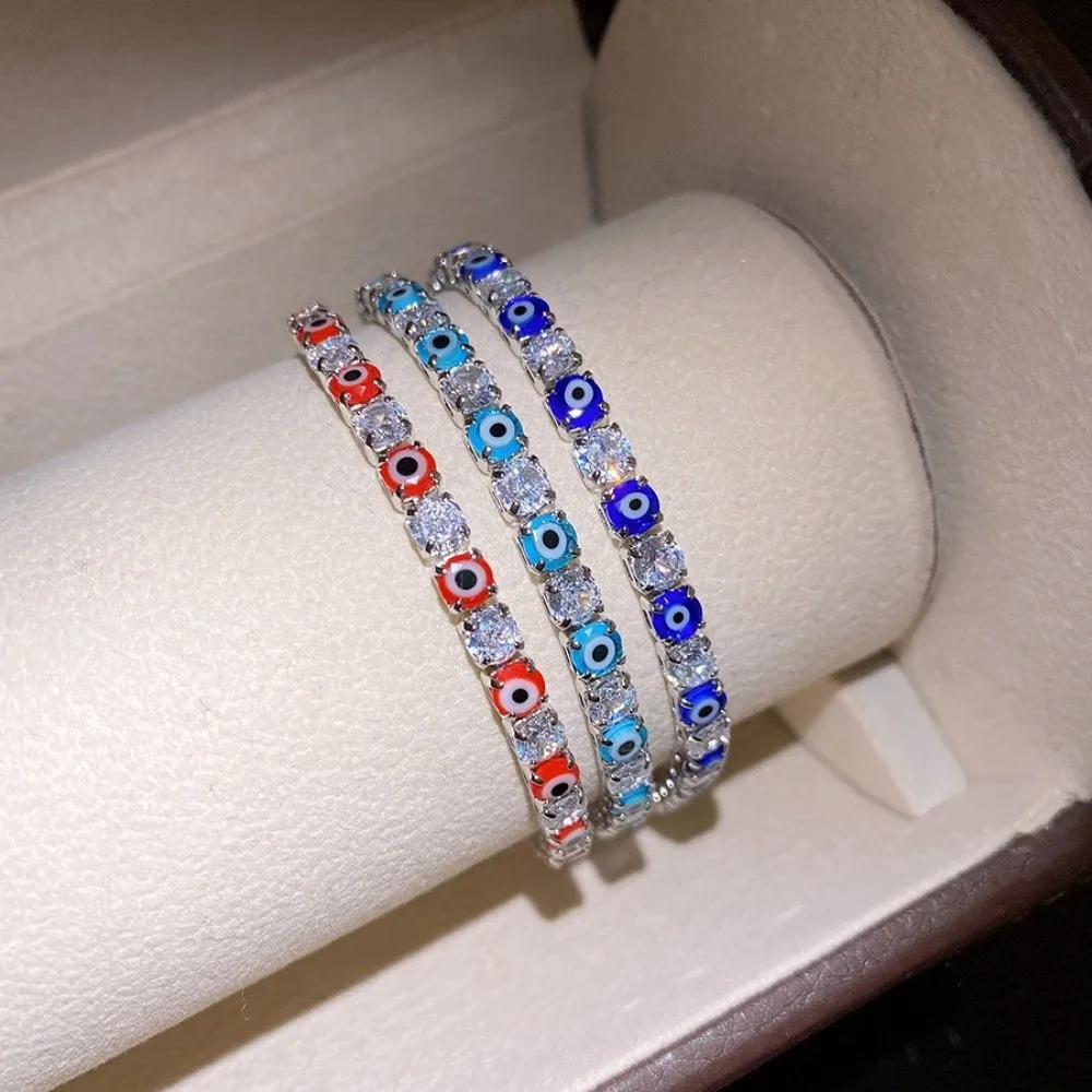 Luxury Vintage Glaze Devil's Eye Bracelet Copper Zircon Round Devil's Eye Rhinestone Devil's Eye Bangle Blue/Red Aesthetic