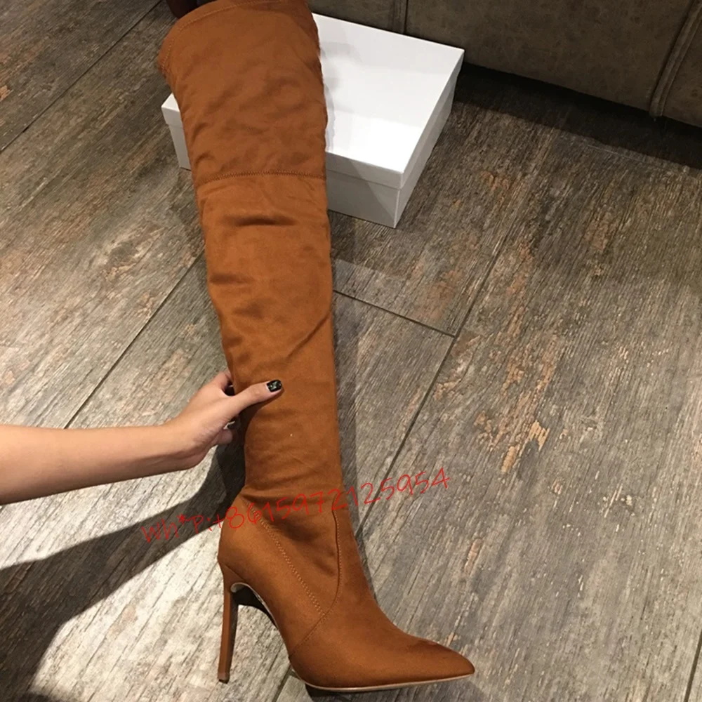 Tan Thigh High Stretch Matte Boots Women Autumn Suede Lining Warmly Shoes Pointed Toe Side Zipper Long High Thin Heels Boots