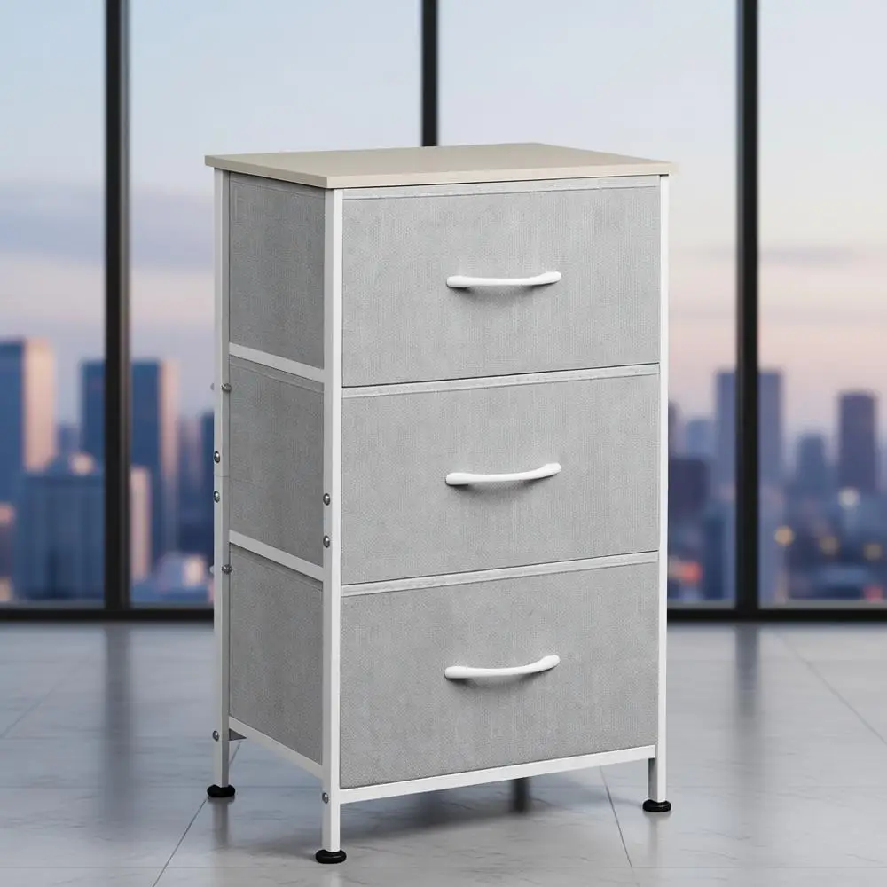 

3-Drawer Nightstand with Wood Top, Steel Frame, Organizer Unit, Light Grey, Easy Pull Handles