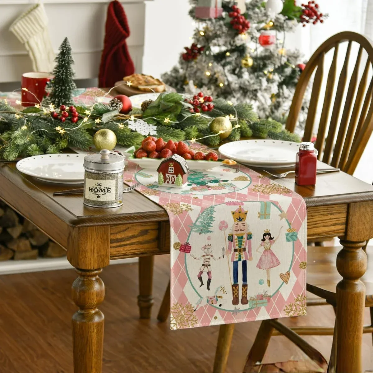 Christmas Diamond Plaid Nutcracker Snowflake Table Runners Party Decor Washable Kitchen Dining Table Runner Christmas Decoration