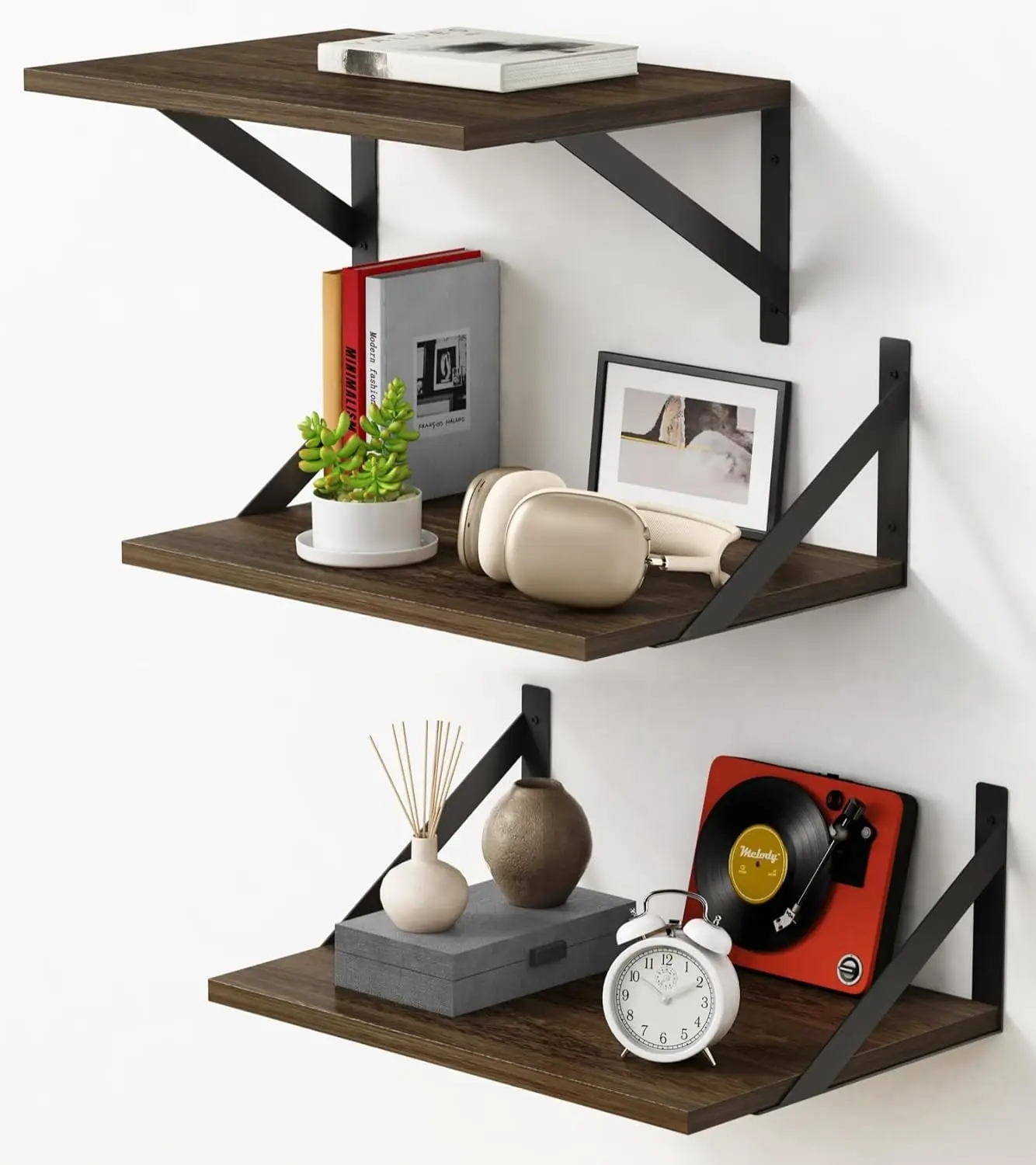 

12 Inch Deep Floating Shelves for Wall Set of 3, Wooden Wall Bookshelf for Bedroom Books, Rustic Wood Hanging Bookshelv