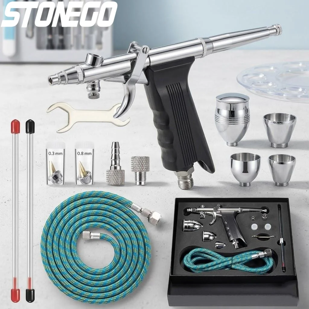 

Набор для аэрографии с двойным триггером, иглами 03, 05, 08 мм, стаканчиками для краски 2, 5, 13 мл для дизайна ногтей, татуировок, декора тортов и индивидуальных проектов