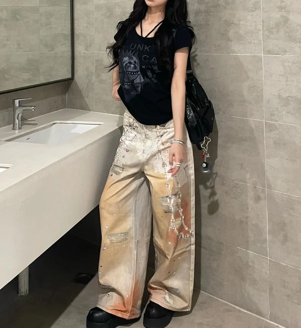 ストレートジーンズ女性トレンディなレトロチェーンプリントデザインワイドレッグパンツルーズヒップスターデニムパンツ高級オリジナル原宿 2025