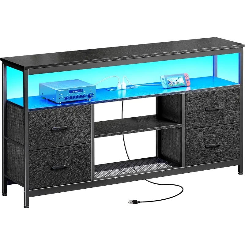 TV Stand Dresser with Power Outlets and LED Lights, 4 Drawers Entertainment Center with Shelf, 54 Inch Media Console