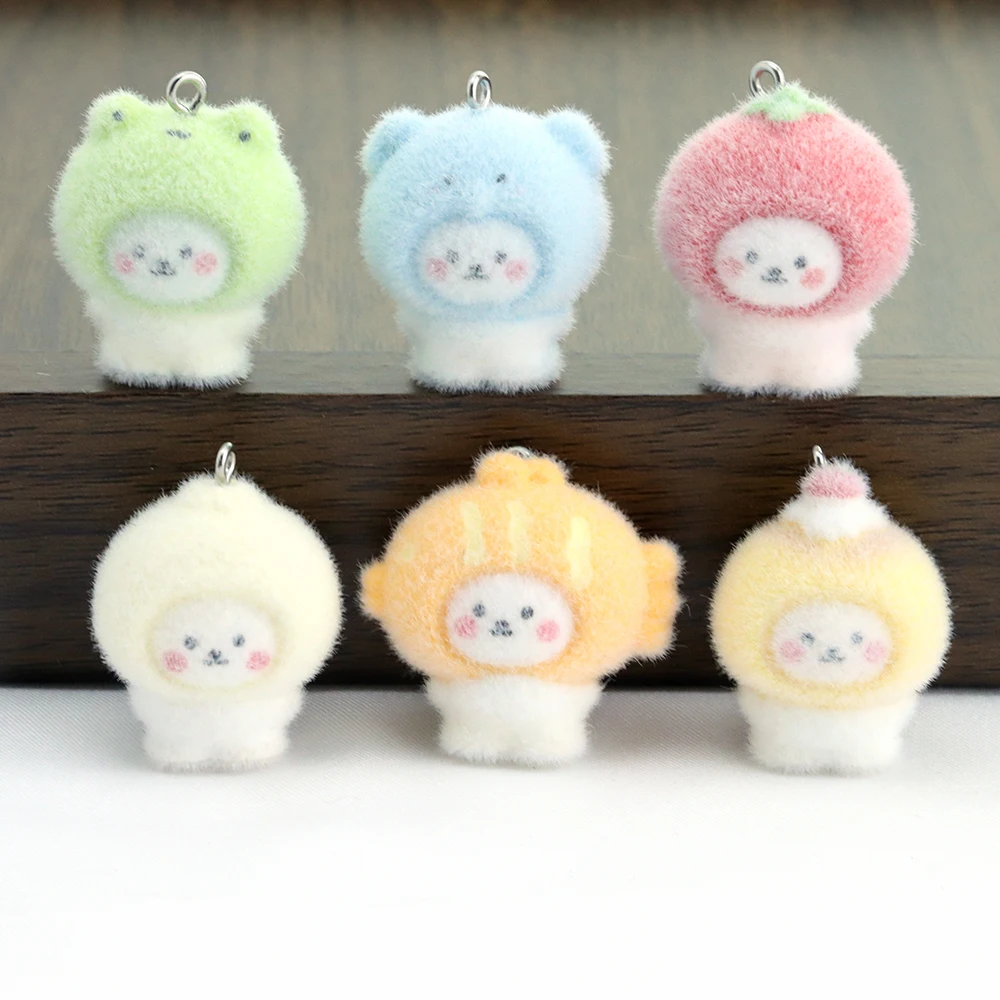 6Pcs Little Bear Flocked Resin Ornaments Animal Pendants DIY Phone Straps Keychains Accessories Handmade Jewelry Materials view 4