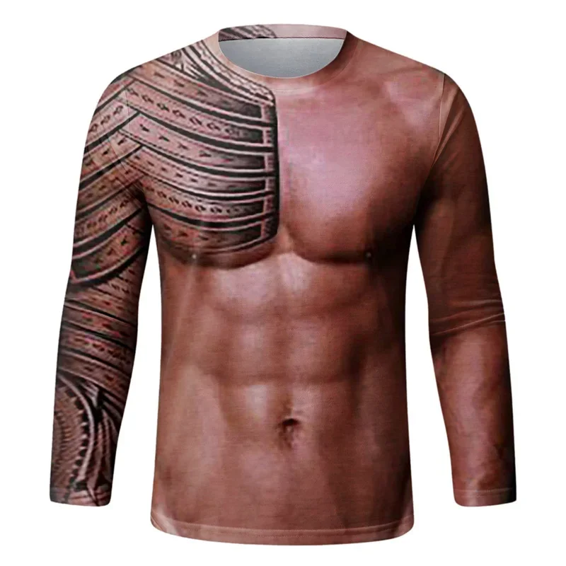 Herren-Langarm-T-Shirt mit realistischem Muskelprint, Fake-Abdomen-Body-Print, lässiger Rundhalsausschnitt, lustiges, originelles Party-Halloween-Cosplay-Oberteil – Detail 5