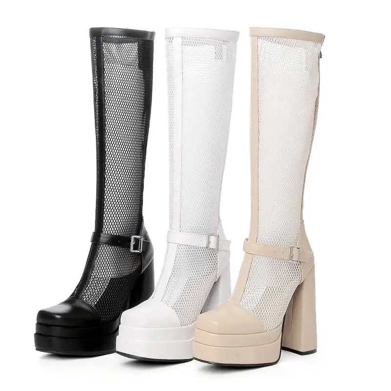 REAVE CAT Luxry Shoes Women Knee-high Summer Boots Toe Chunky Heel 14cm Platform 4.5cm Buckle Size 45