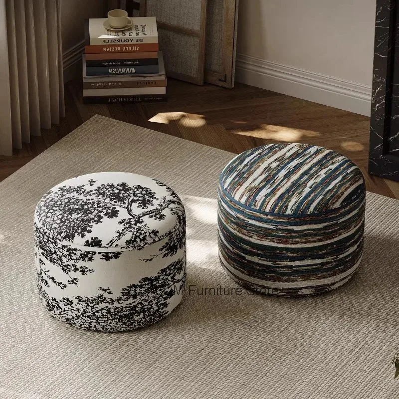 Vintage Printed Linen Round Floor Pouf High Elastic Sponge Upholstered Ottoman Stool For Living Room Bedroom Sofa Side Decor