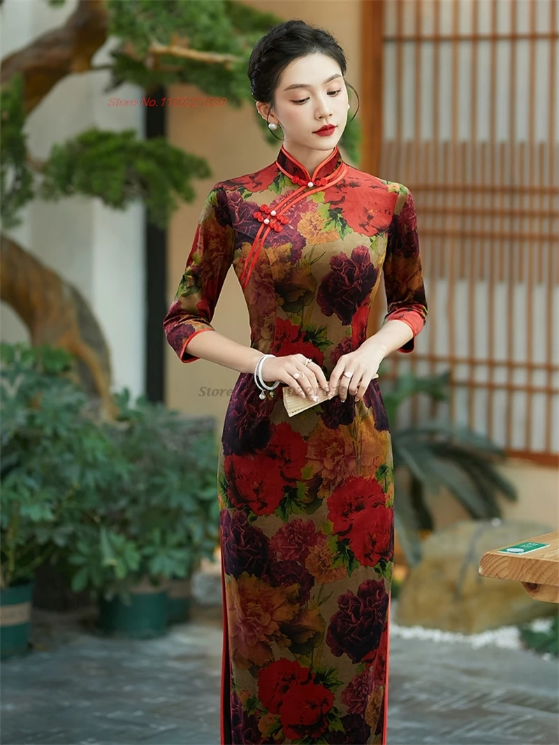 2025, nationaler Blumendruck, formelles Cheongsam, verbessertes Bühnenkleid, traditionelles Qipao-Bankett-Abendkleid, Vestido