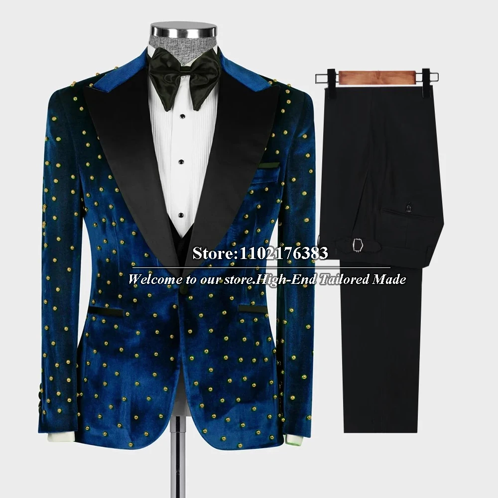 Gold Pearls Men's Suits Formal Wedding Tuxedo Groom Wear Black Lapel Velvet Blazer Vest Pants 3 Pcs Fashion Dress Tailored Coat