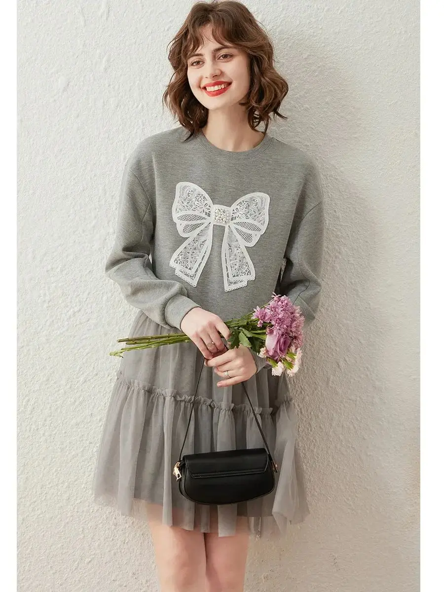 LOUIS YAO Women Mesh Patchwork Sweatshirt Dress Round Neck 2023 Autumn Sweet Butterfly Bow Patch Embroidered Long-sleeve Dress