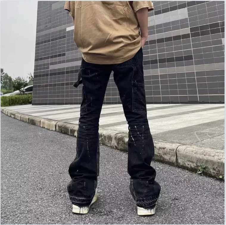 Vintage Streetwear Flared Jeans Pants  Splashing Ink Wide Leg Jean Overalls for Men Fashionable Retro Patchwork Jeans