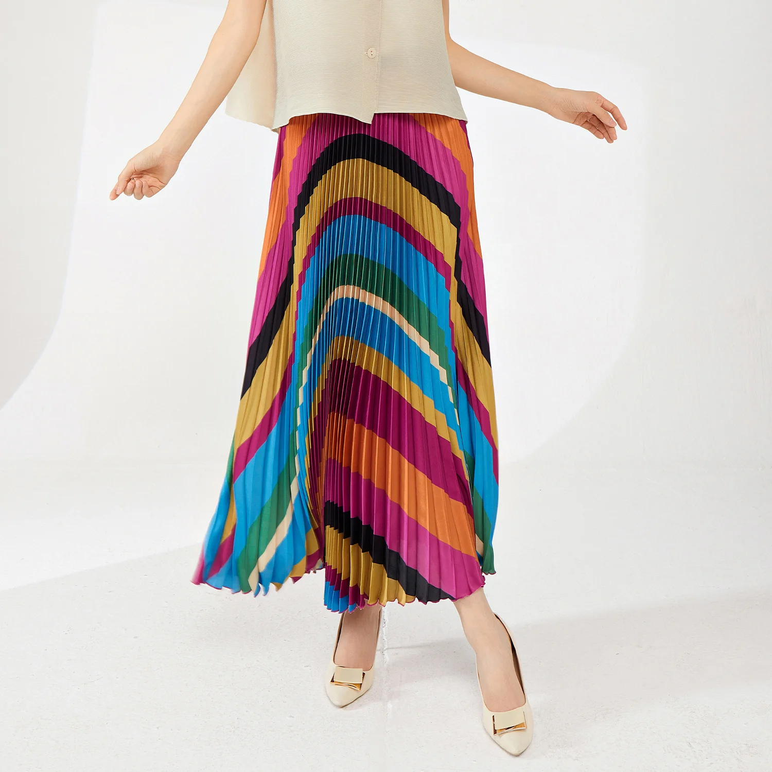 Women's Personalized Stretch Woven A-Line Skirt Breathable and Casual Elastic Waist with Pleats and Colorful Prints