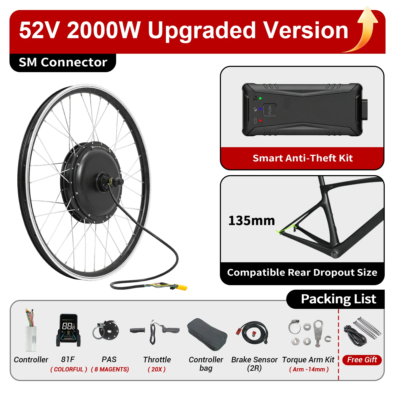 ESOULBIKE E-Bike Kit Achternaafmotor 52V 2000W Elektrische Fiets Ombouwset 26 28 Inch 700C met Kleurrijk Display