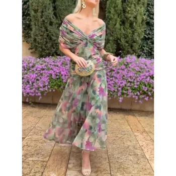 Women French V Neck Chiffon Floral Print Camisole Dress 2026 Fall New Elegant Off Shoulder Flowy Hem Vacation Party Midi Dresses 5