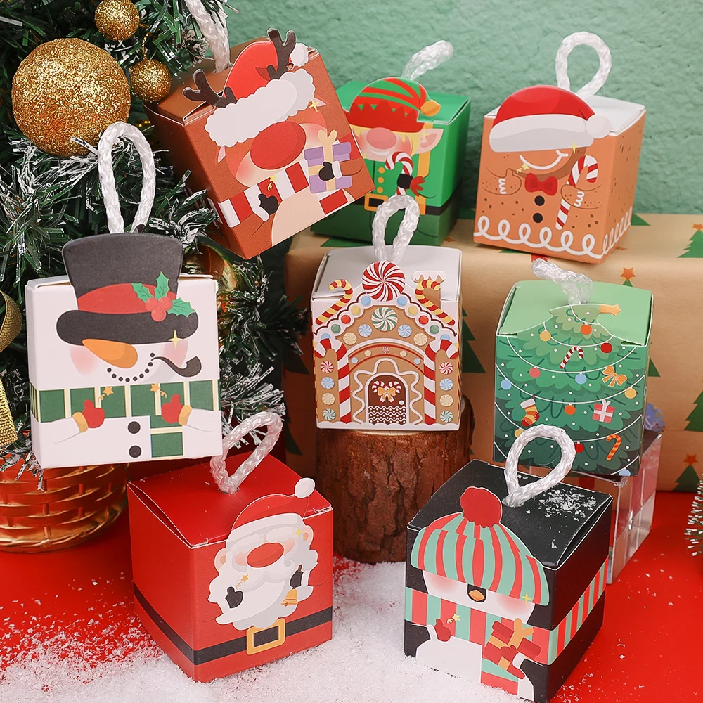 Christmas Gift Box Creative White Cardboard Gift Box Portable Pull Rope Candy Cookie Packing Bags Wedding Xmas Party Decoration