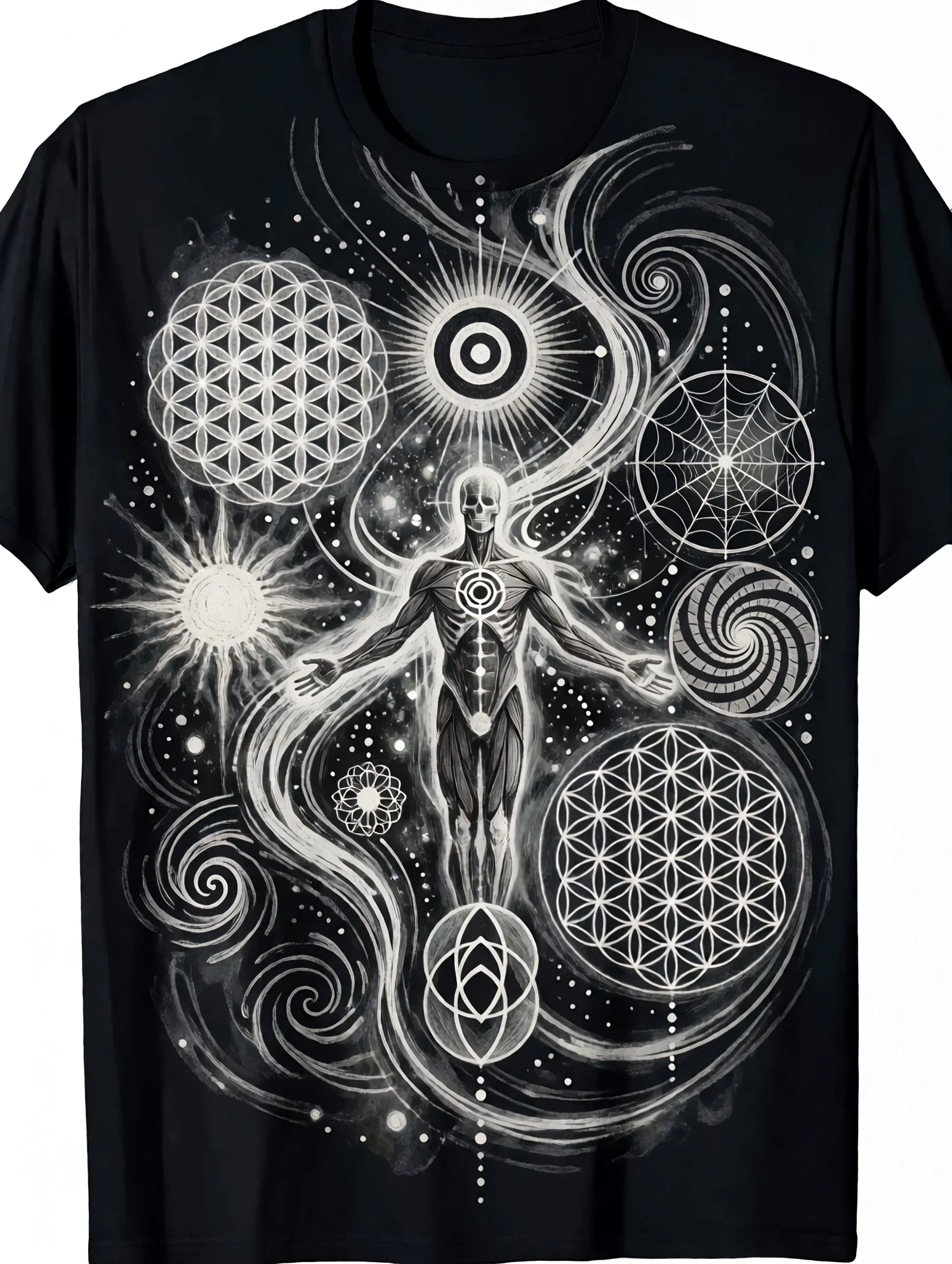 Men T-Shirt Sacred Geometry Cosmic Skeletal Human Art Black Casual Streetwear for Everyday Occasions