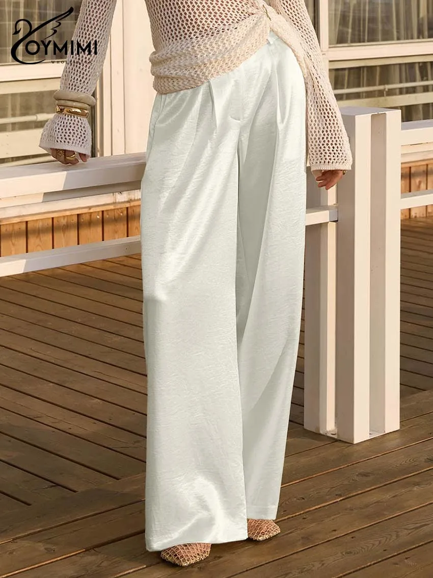 Oymimi Women's High Waist Wide Leg Pants 2026 Spring Cream White Textured Satin Trousers Loose Casual Elegant Office Party Pants