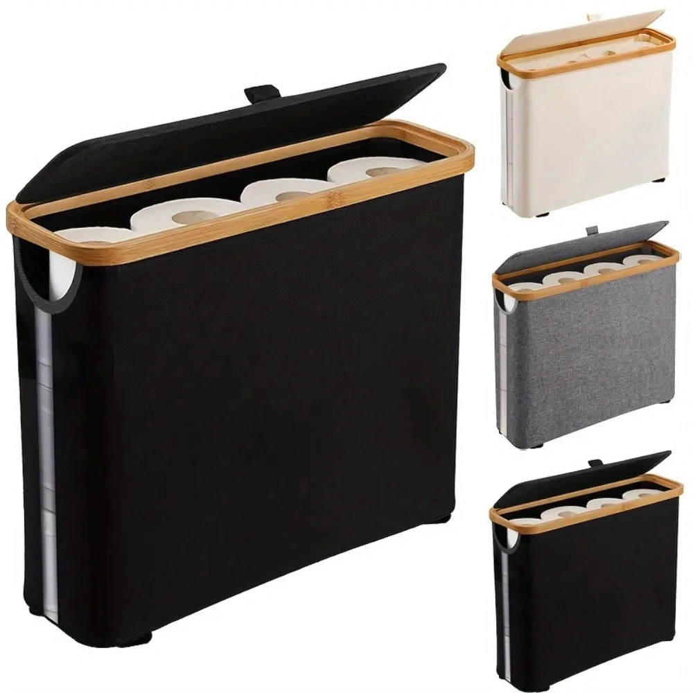 Bamboo Toilet Paper Basket Multifunctional Foldable Toilet Paper Storage Cabinet With Lid Large Capacity