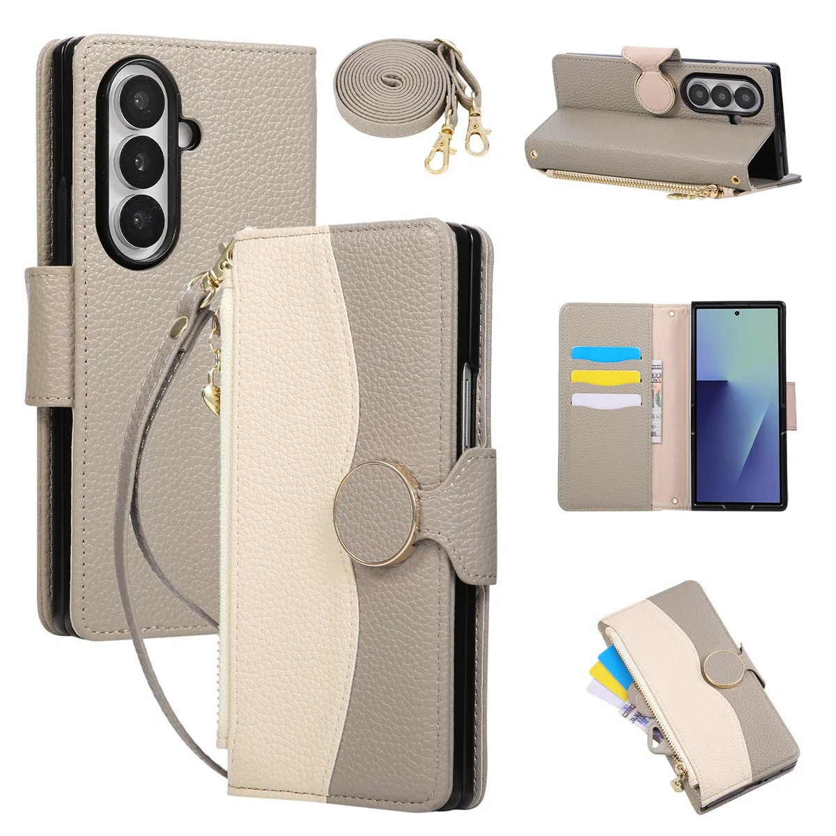 Crossbody zíper cartões solt carteira de couro caso telefone para samsung galaxy z fold 7 6 5 4 3 5g cordão bolsa capa protetora