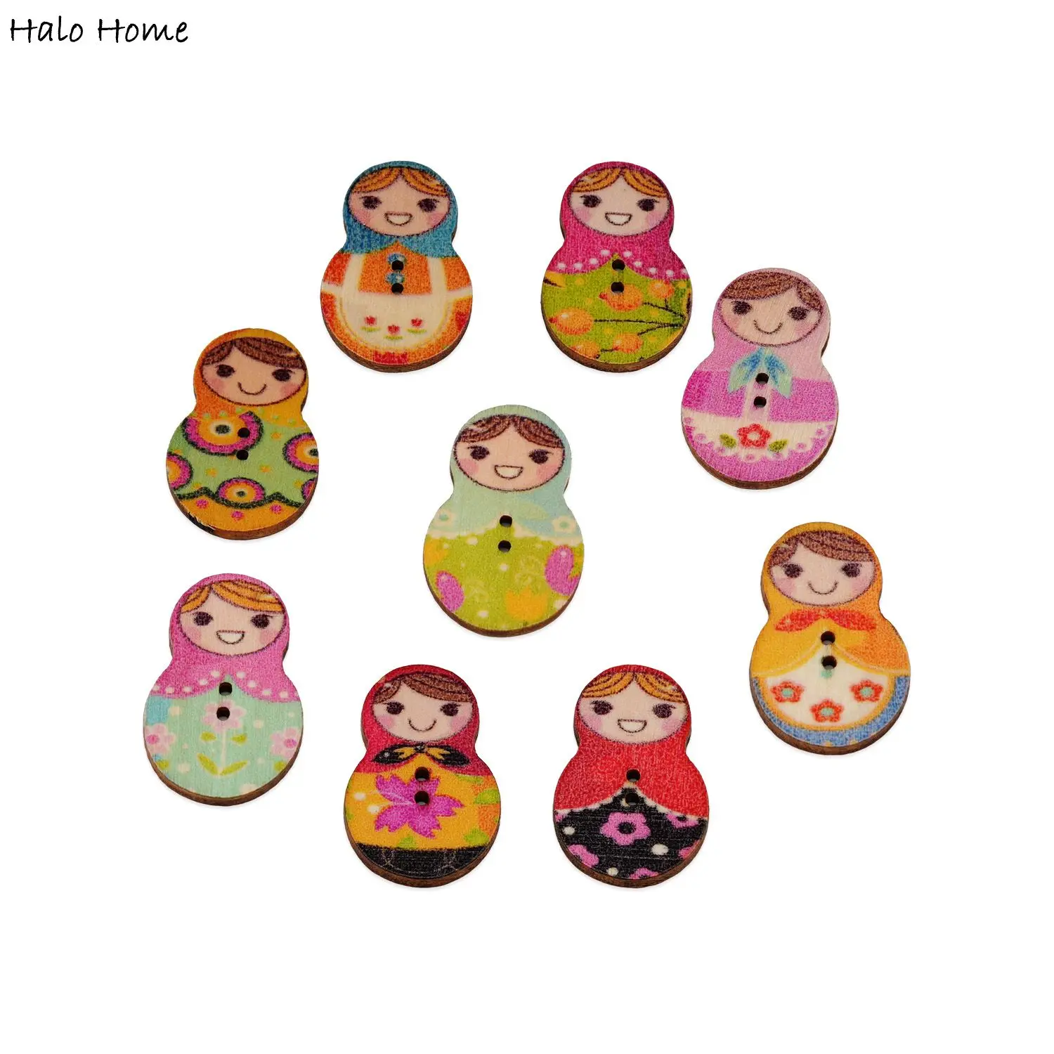 30pcs Colorful Wooden Nesting Dolls Buttons - Vibrant Printed Patterns for DIY Clothing, Crafts or Scrapbooking Projects 30x19mm