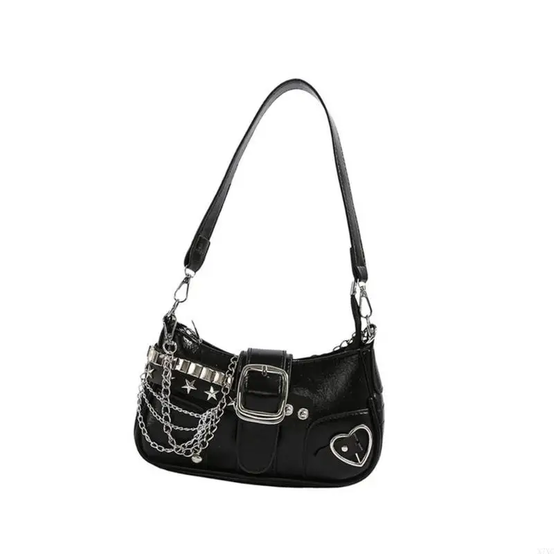 X7XC Fashionable Punk Underarm Bag Grunge PU Leather Chain Shoulder Purse for Women