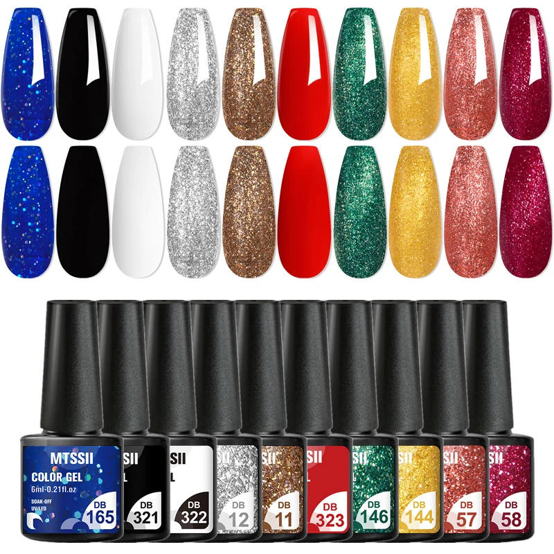 

Mtssii 10pcs/set Christmas Color Gel Nail Polish Red Blue Gold Nail Glitter Gel Polish Semi permanent Varnish UV Glue Nail Art