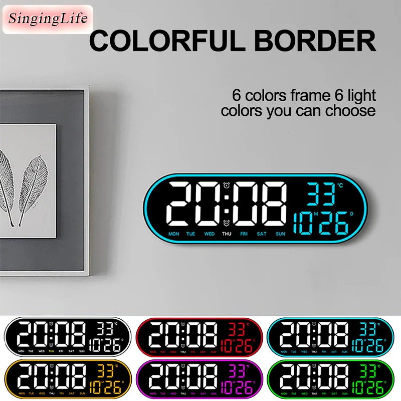 15 Inch Large Digital Wall Clock Colorful Frame LED Clock Snooze Electronic Dual Alarms Clock with Temp Date Time Week Display