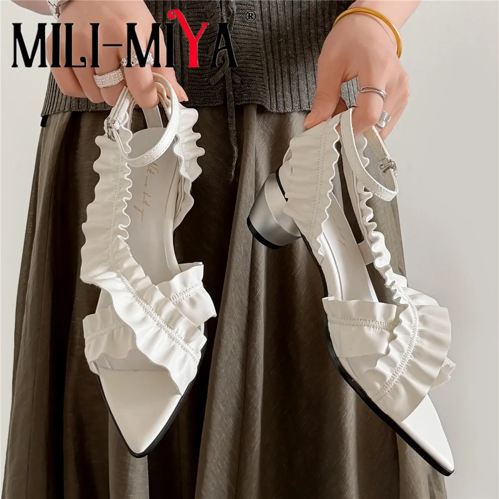 MILI-MIYA Women New Arrival Pointed Toe Cow Leather Sandals Ruffled Shoe Upper Thick Heels Ankle Wrap Dress Party Shoes For Lady