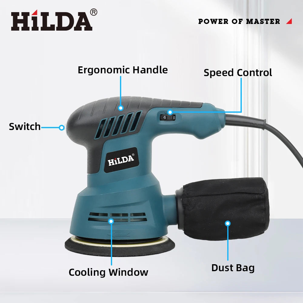 HILDA 300W 5 Inch Eccentric Electric Sander 13000RPM 6 Variable Speed Car Polisher Woodworking Sanding Power Tool