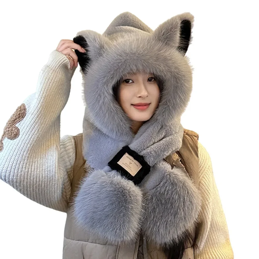 مجموعة قبعة ووشاح على شكل آذان ثعلب قطيفة لطيفة للنساء، وشاح شتوي محبوك بغطاء للرأس لركوب الدراجات