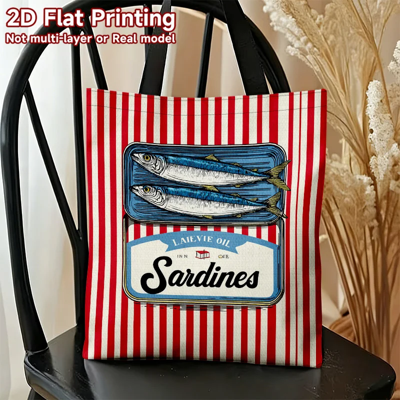 Practical Handbag Reusable Large Capacity Shoulder Bag Canned Sardines with Red Stripes Pattern Durable Polyester Foldable Bag