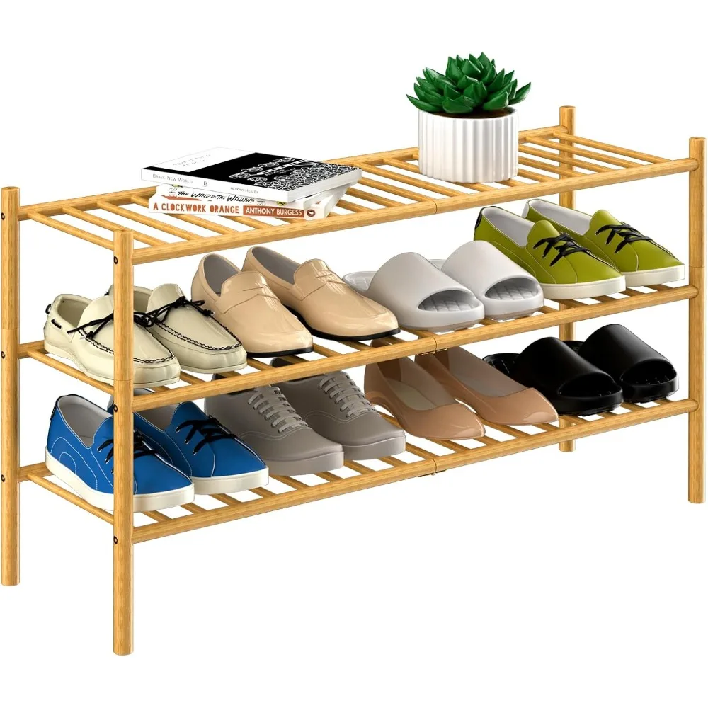 

3-Tier Bamboo Long Shoe Rack, Free Standing Wood Shoe Shelf Storage Organizer for Closet Entryway Stackable 35"x11"x20"