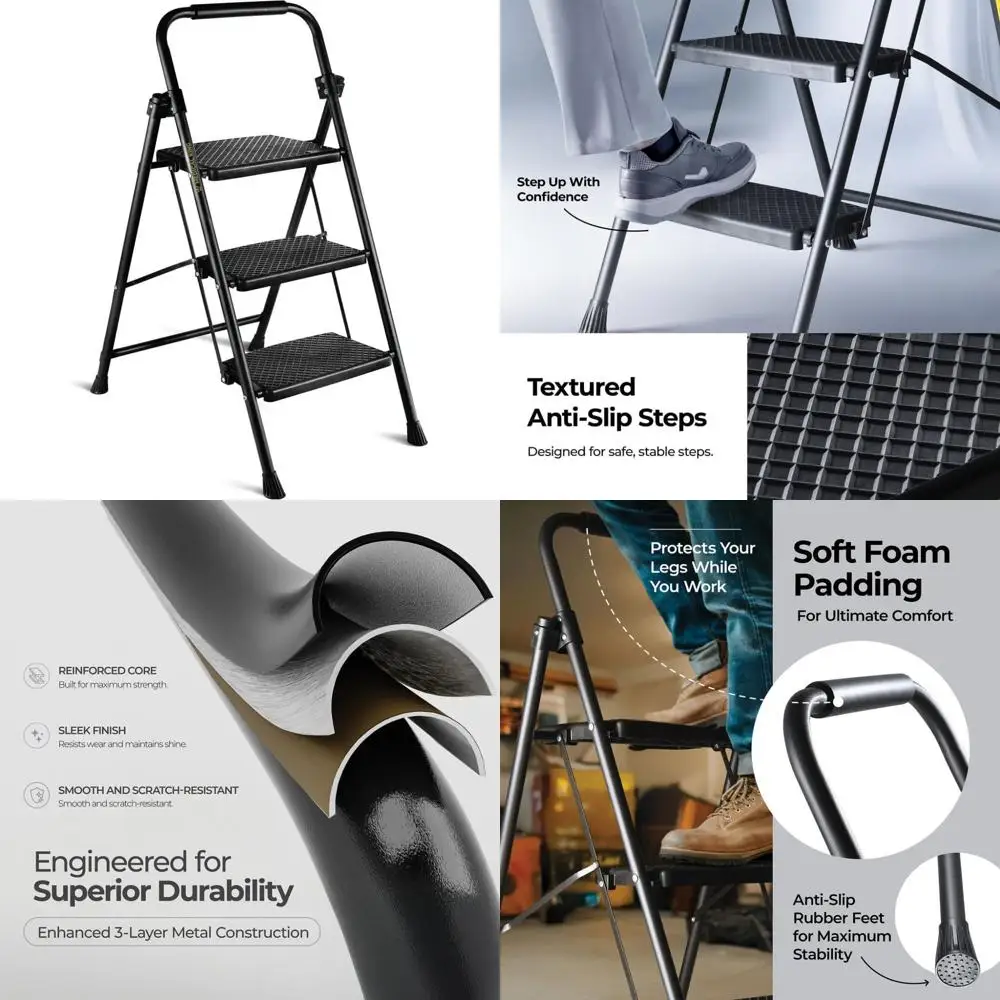 Taburete plegable compacto de 3 escalones con peldaños antideslizantes para adultos: ligero y portátil