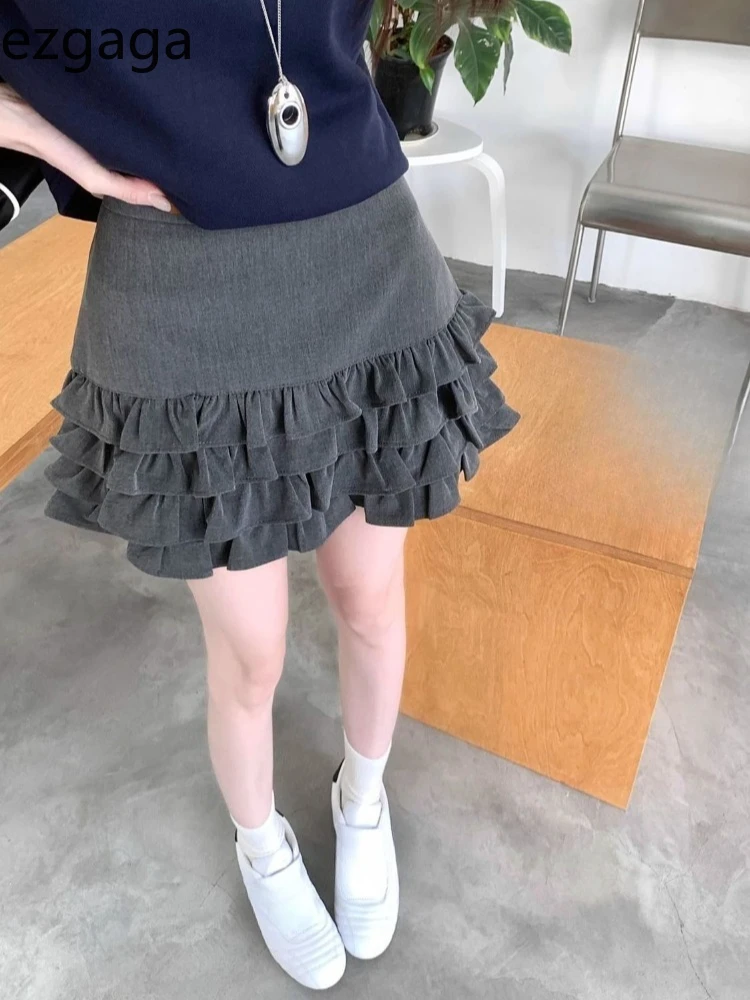 

Ezgaga Mini Skirts Women Elegant Ruffles Patchwork High Waist 2025 Summer Fashion Solid Sweet Sexy Skirt Female Casual Culottes