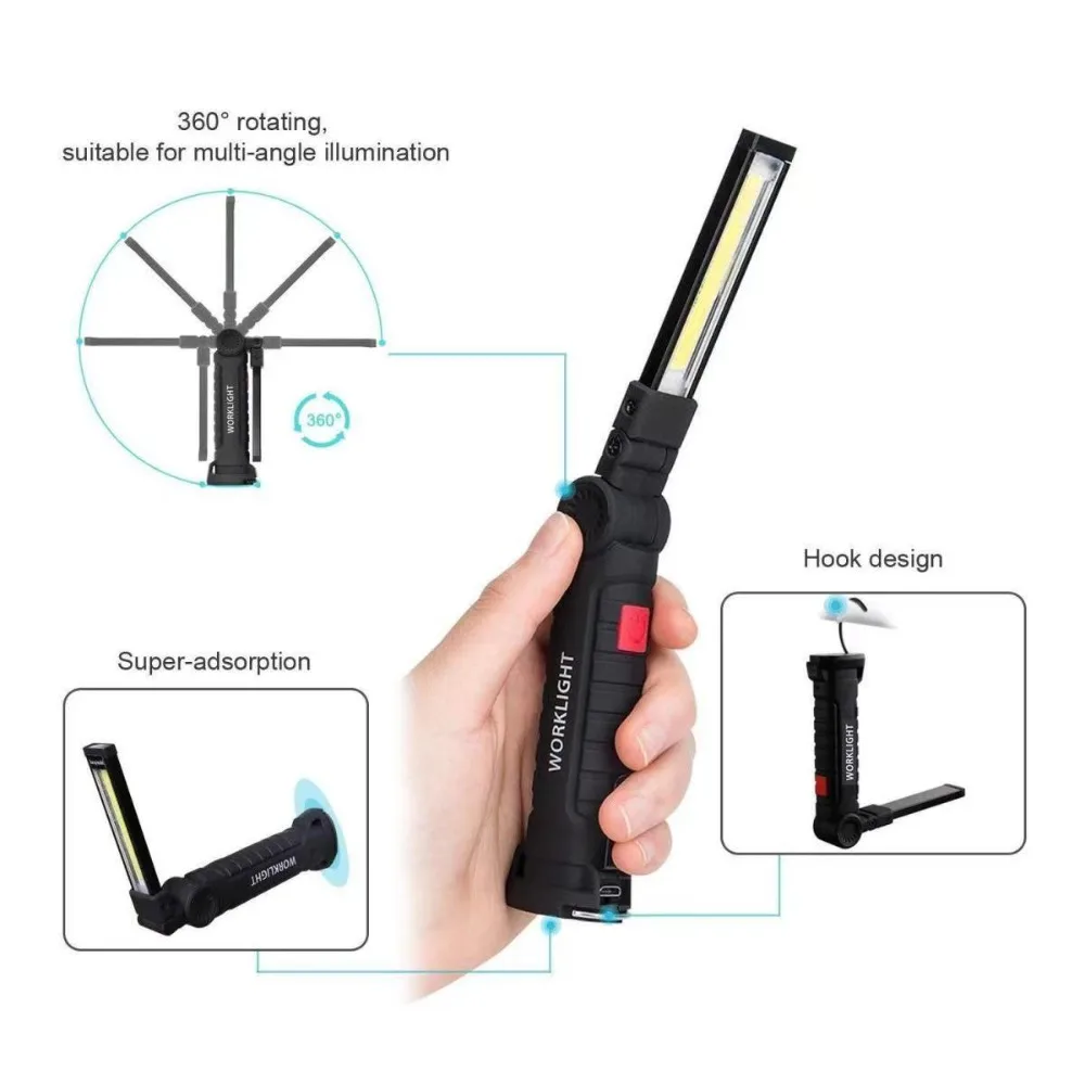 Portable LED Flashlight USB Rechargeable COB Work Light Magnetic Lanterna Hanging Lamp with Built-in Battery Camping Torch