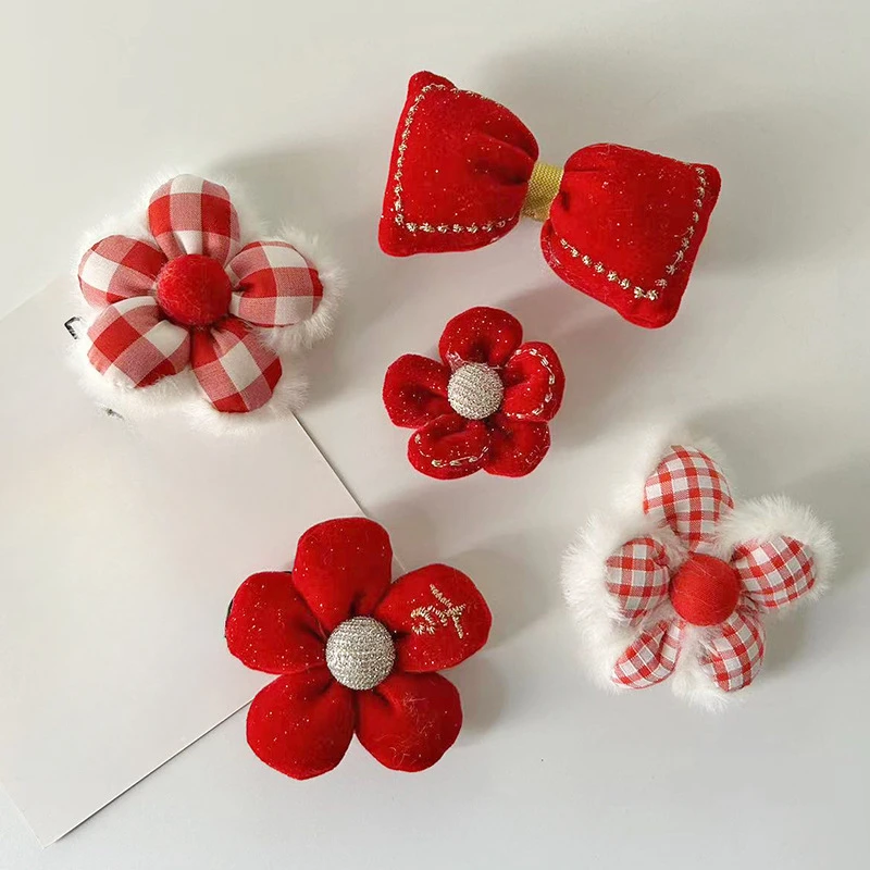 

10PCS Happy Red Plush Flower Bow Decorative Hairpin Accessories Hat Accessories
