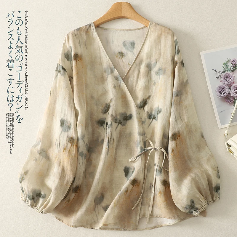 

Chinese Style Cotton Linen Blouse Women 2026 New Summer Sunscreen Tops V Neck Frog Buttons Lace Up Chic Flower Print Shirt