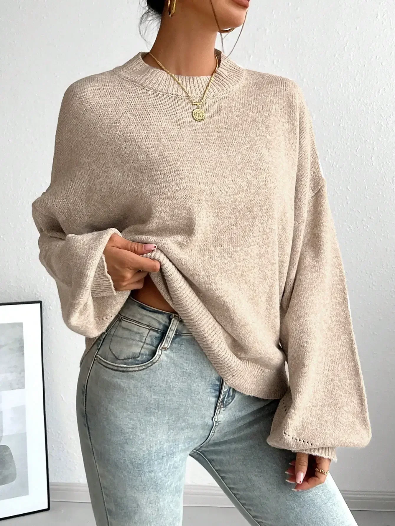 캐주얼 프렌치 스타일 루즈핏 크루넥 긴팔 니트 스웨터, 가을/겨울에 활용도 높음