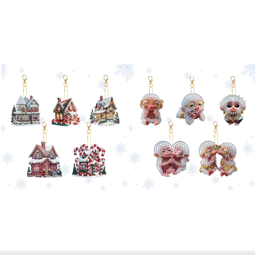5 DIY-Diamant-Kunst-Malerei-Sets aus der Haus-/Affen-Serie, Acryl-Schlüsselanhänger, Diamant-Tasche als Dekoration als Geburtstagsgeschenk