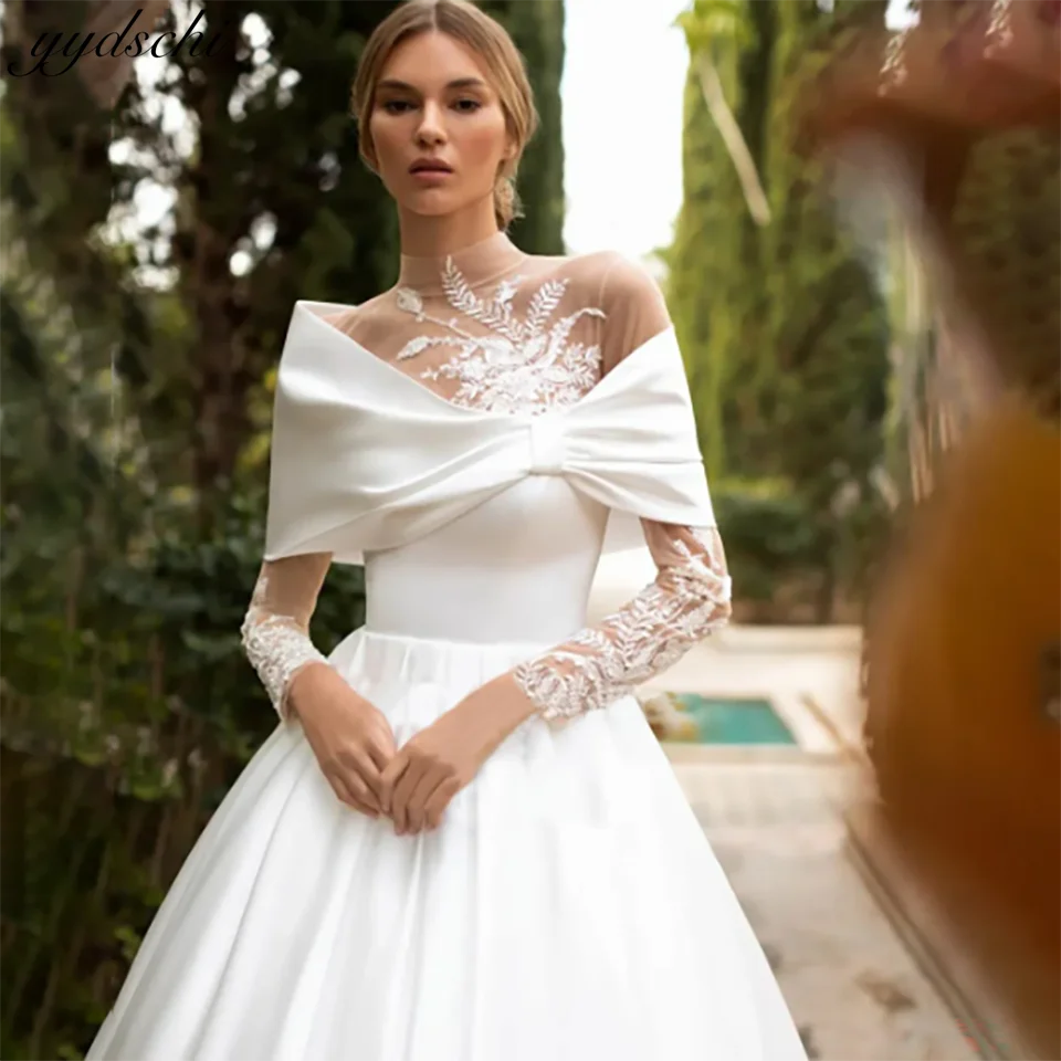 

Customized Appliques Boat Neck A Line Wedding Dresses 2024 Ruffles Backless Illusion Court Train Tulle Bridal Gowns For Women