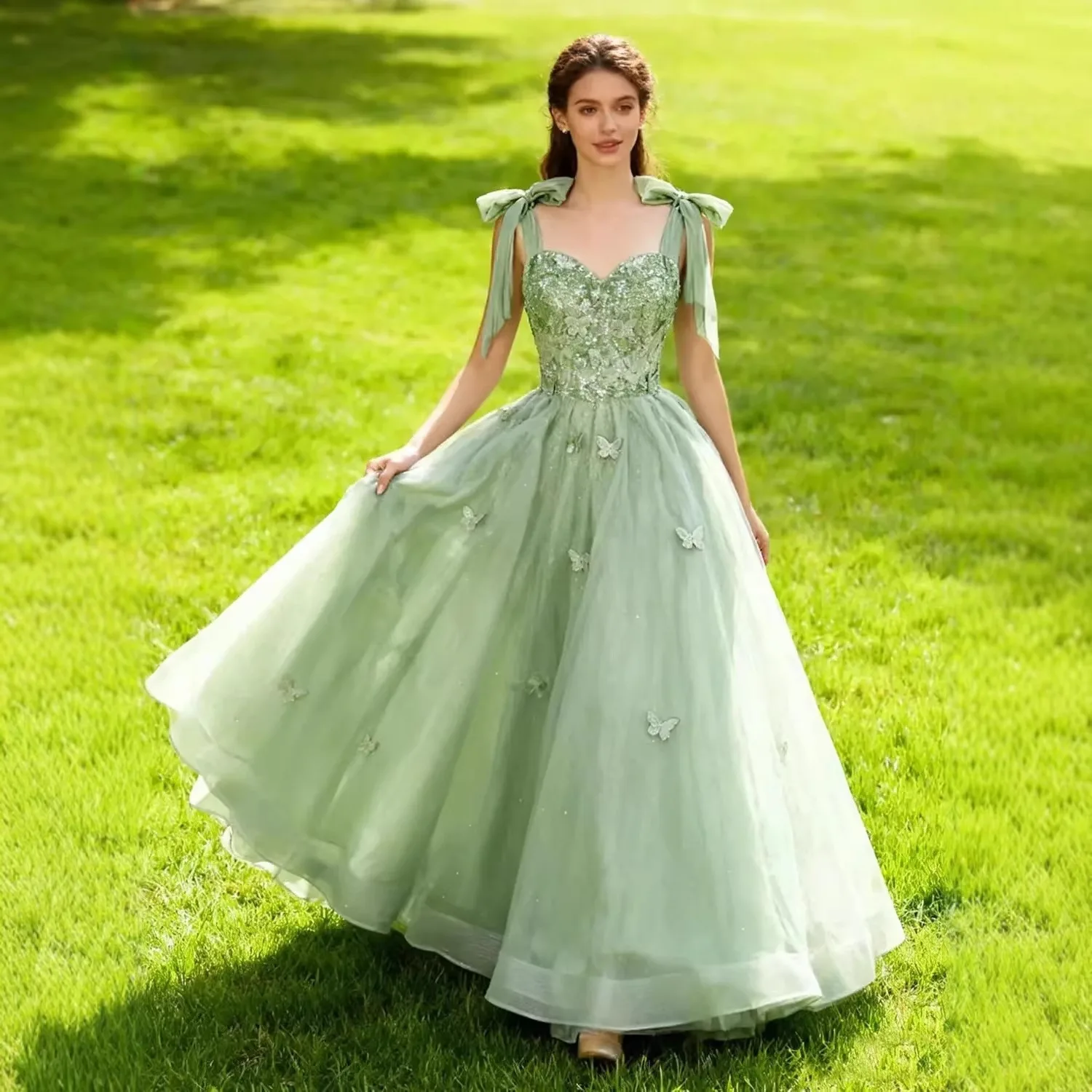 

Вечернее платье 2026: Новинка во французском стиле, с кружевными аппликациями и бабочками, на тонких бретельках, для выпускного вечера, Vestido De Novia