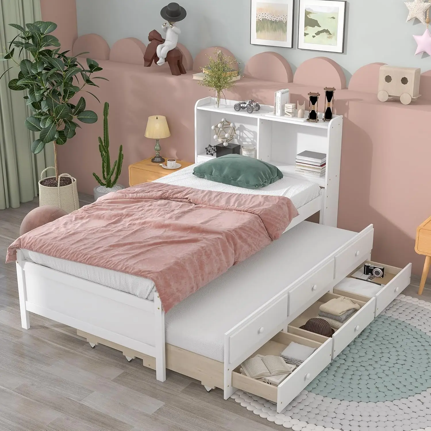 

Twin Size Trundle Bed With Storage Drawers And Bookcase Headboard, Kids Twin Bed With Trundle,Captains Bed Twin With