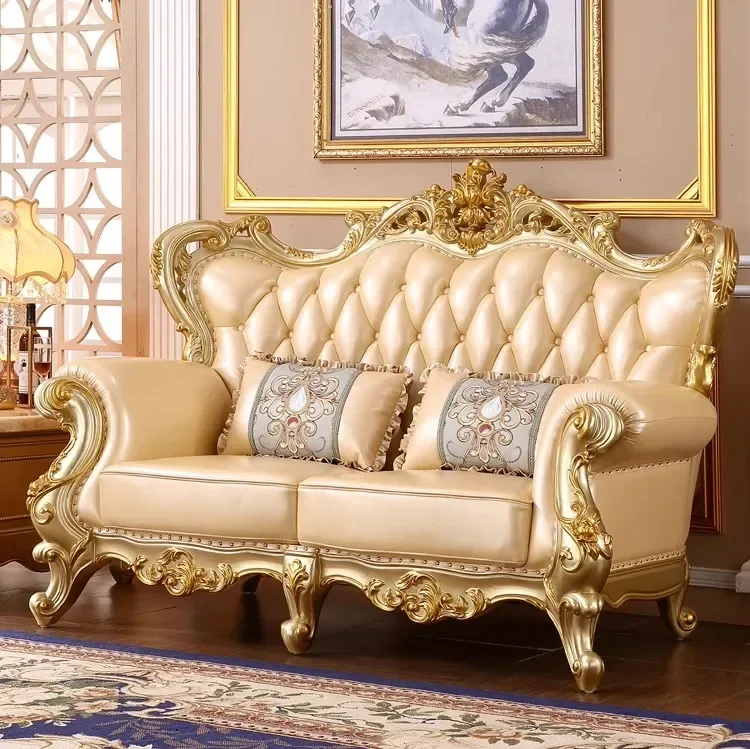 

European sofa leather living room 123 combination double-sided engraved U-shaped solid wood carving flower French champagne gold