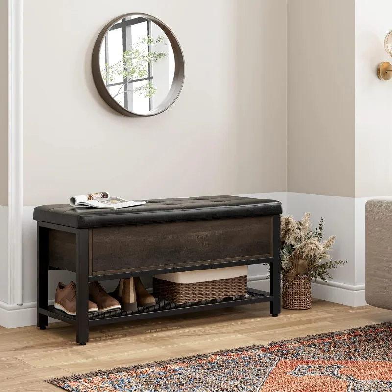 HOSTACK Storage Bench, Entryway Shoe Bench with Flip-Open Storage Box, End of Bed Ottoman Bench with Storage Shelf